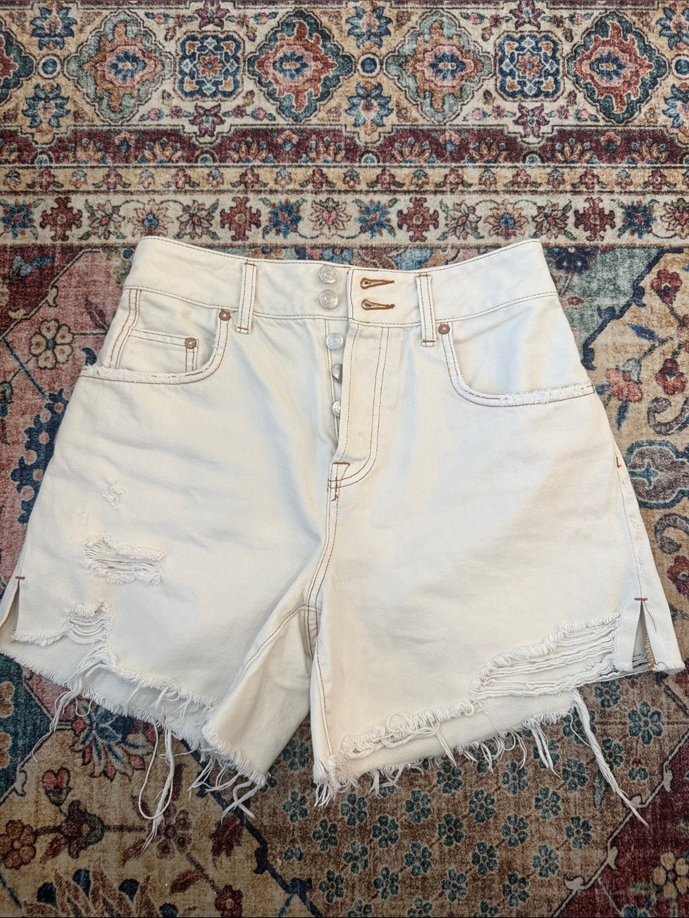 We The Free Cream High-Rise Distressed Denim Shorts free people 27
